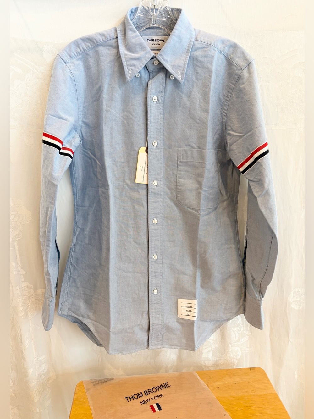 NWT Thom Browne Blue Oxford Shirt RWB Grosgrain Armbands Size 1 Men's XS $492